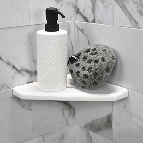 Questech 8" Corner Shower Shelf, Retrofit Shower Organizer for Tile Walls, Corner Caddy Soap Dish Bathroom Storage, Geo Flatback, Bright White Polished
