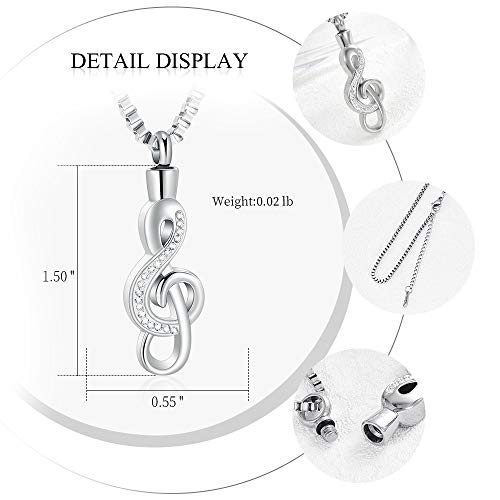 XSMZB Cremation Jewelry Crystal Music Note Urn Necklace for Ashes Stainless Steel Necklace Urn Cremation Memorial Ashes Holder Keepsake Pendant Locket Silver