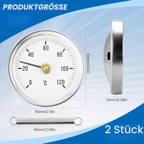 Pipe Thermometer Heating Pipe Stainless Steel Pack of 2 | Temperature display with clip-on 0-120 °C, portable pipeline thermometer, monitoring pipe temperature (with 2 springs)