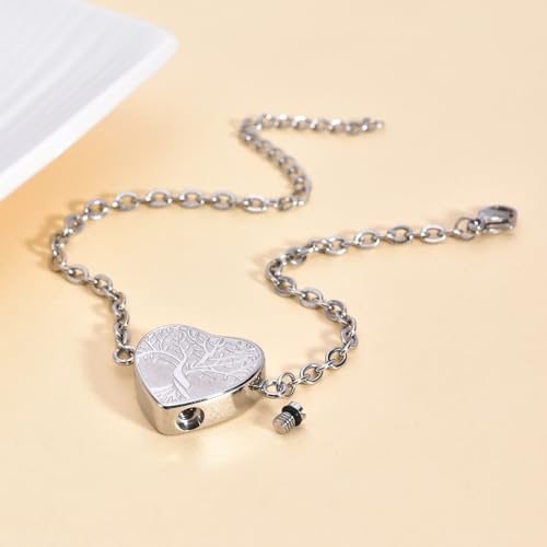 RIPFEVURN Heart Tree of Life Cremation Jewelry Urn Bracelet for Ashes for Women Memorial Ashes Keepsake Link Bracelet Silver