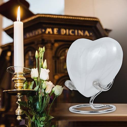 Heart Keepsake Urn for Human Ashes – Handcrafted White Aluminum Mini Heart Urn with Silver Stand, Velvet Bag & Gift Box – Small Infant or Pet Cremation Urn, 3 Cu Inches Capacity – Memorial Keepsake Heart Keepsake Urn