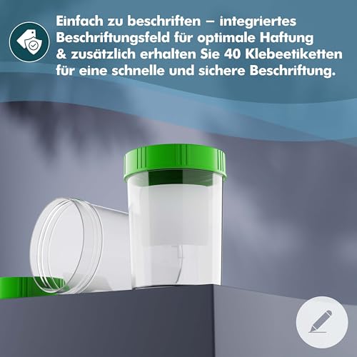Sample Cup Set - 10 Pieces of 125 ml - Includes 40 Labels - Leak-proof Urine Cups with Screw Lid Graduated up to 100 ml - For Kitchen, Crafts, Medicine, Urine Samples - Can Be Written On