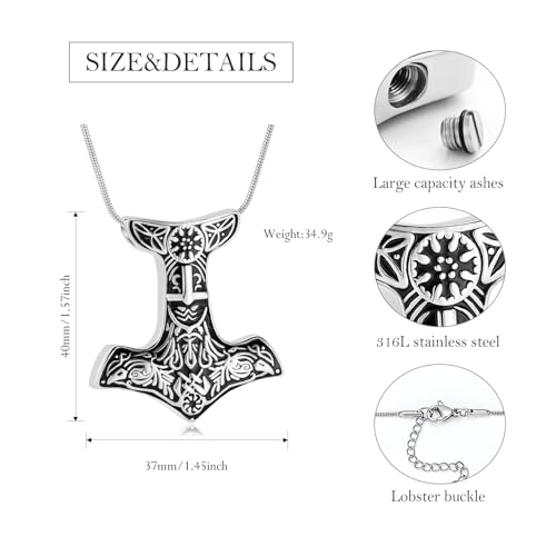 Cremation Jewelry Thor Hammer Urn Necklace for Ashes for Women Men Stainless Steels Viking Memorial Necklaces Keepsake Jewelry for Human Pet Ash Pendant with Filler Tool B-Silver