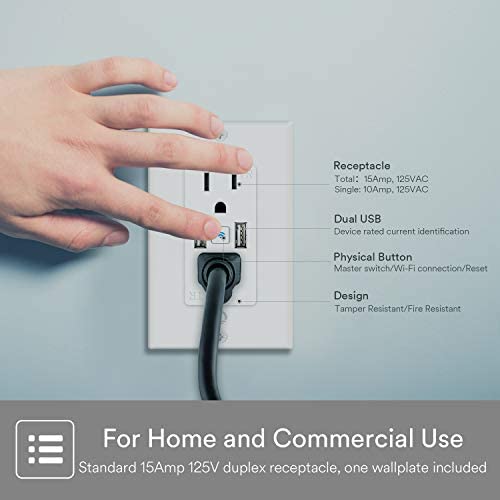 Smart in Wall Outlet, Standard Electrical Outlets with 2 USB Ports & 2 Plugs, Work with Alexa Google Home 15 Amp Outlet ETL FCC for Home Office Style B 1 Pack