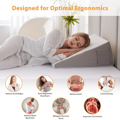 Ruqmuis Wedge Pillow Cover with Zipper, Bed Wedge Pillow Case with Side Pocket, Removable&Washable Wedge pillowcase Protector, Wedge Pillow Replacement for 24"x24"x10", White/Grey(Pillow Not Included) 10inch