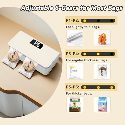 Mini Bag Sealer,Rechargeable Sealer Machine with LED Power Display,Heat Sealer and Cutter with 6 Adjustable Gears,Portable Bag Resealer for Chips Snacks Mylar Bags White