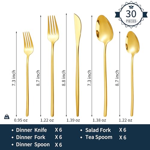 30-Piece Silverware set for 6, Premium 18/10 Stainless Steel Flatware Cutlery Set, Luxury Eating Utensils Set Include Spoons Forks & Knives, Mirror Polished, Dishwasher Safe (Gold)