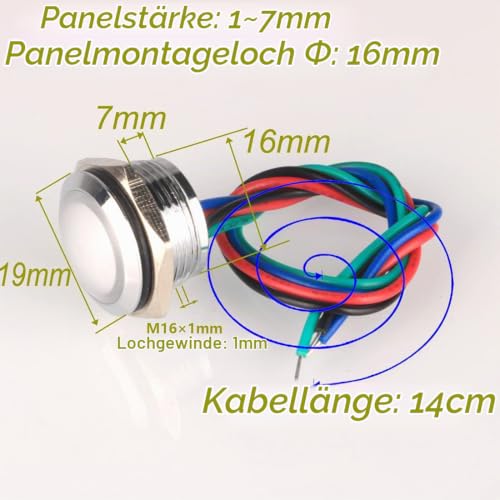 GUUZI 4pcs 12V-24V RGB Triple (Red Green Blue) Metal LED Indicator Light 16 mm Waterproof Signal Lamp with Cable Red/Blue/Green - 16mm
