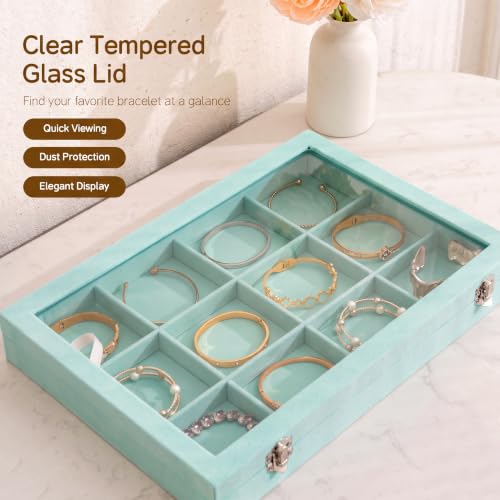 Frebeauty 12 Grid Bracelet Holder Box,Velvet Jewelry Tray with Clear Lid Turquoise