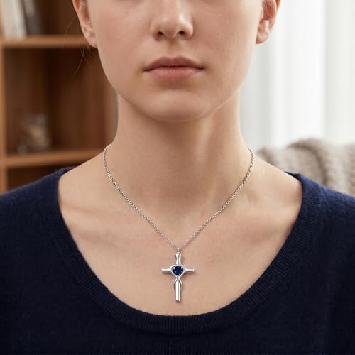 YYB Urn Necklace for Ashes Women Heart Birthstone Cross Cremation Jewelry 009-Sep-Sapphire
