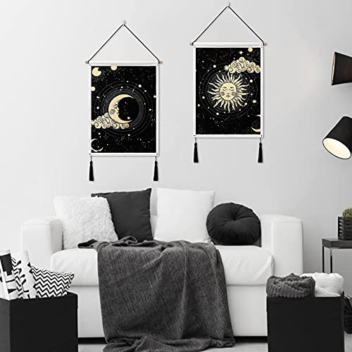 Betylifoy Moon and Sun Wall Tapestry with Tassels 2 Pack Banner Tapestry blackone