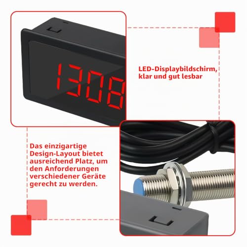 4 Digital Tachometer, Digital LED Tachometer, Motor Tachometer with Hall Proximity Switch Sensor NPN, Input 10-9999RPM Range, Speed Meter Panel for Car Display (Red)