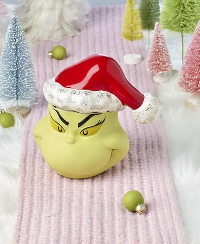 Lenox Dr. Seuss Grinch Christmas candy jar with lid, festive ceramic food jar featuring Grinch character and holiday design.