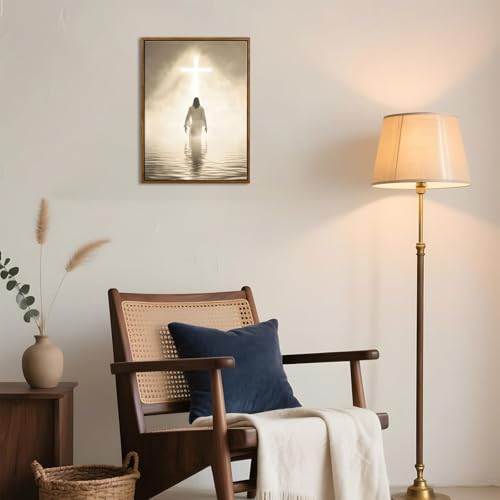 Jesus Walking on Water Canvas Wall Art - Modern Framed Christian Decor, Divine Light Toward Holy Cross, Spiritual Religious Pictures for Prayer Room, Church, Home Office (12x16in) Framed-2 16"L x 12"W