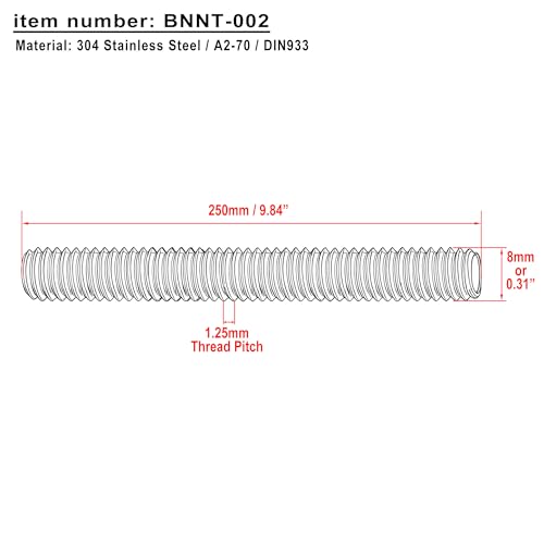 MARO MEGASTORE M8 x 250mm 304 stainless steel fully threaded rods, right-hand thread, 5-piece set