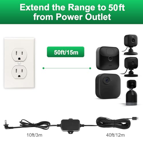 50ft Weather Resistant Power Adapter for Blink Mini 2,Blink Outdoor 4 (4th Gen)(3rd Gen)/Mini,No Need Charger Head,IP67 Waterproof Flat Power Cable with Extra Type C to Micro USB Adapter Black 1Pack 50 FT
