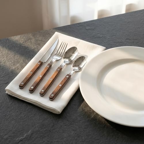 Wood Handle Silverware Set, Wooden Flatware Set for 1, 18/10 Stainless Steel Cutlery Set with Wood Dinner Knife/Fork/Spoon Set, Mirror Polisheed Utensil (5-Piece) 5-Piece