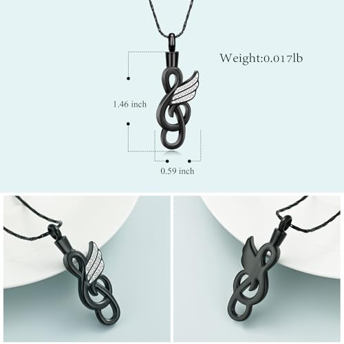 Imrsanl Music Note Urn Necklace for Ashes Musical Symbol with Wing Memorial Pendant Cremation Jewelry for Women Men Ashes Holder Funeral Keepsake Black