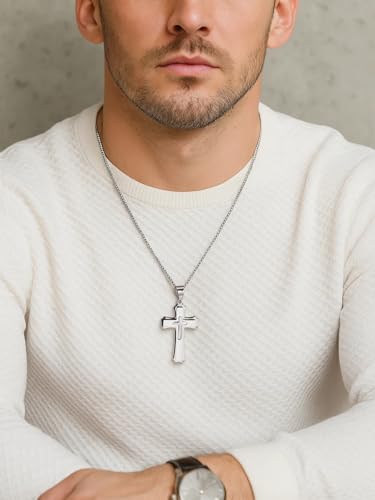 Jovivi Mens Cross Necklace for Men,Stainless Steel Silver Cross Crucifix Pendant Chain Necklace for Boys Men's Christian Confirmation Baptism Cross Chain Jewellery Easter Gifts Silver Cross Necklace
