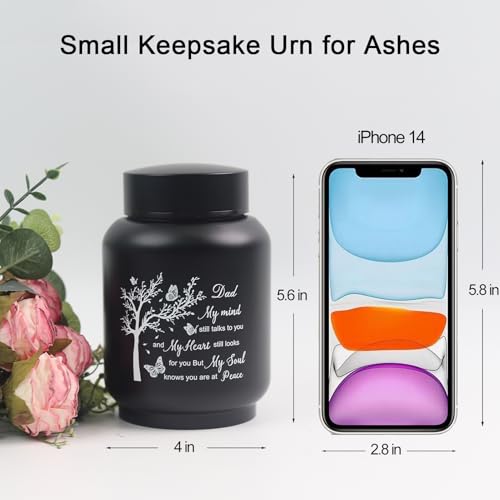 6 Inch Cremation Urn - Stainless Steel Keepseek Urn for Human or Pet Ashes, Small Urn Engraved with Family Tree My Mind Still Talks to You-Dad Keepseek Urn-Black-Dad