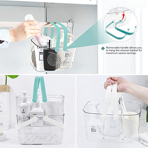 Two FODIENS plastic shower caddy baskets in white and cyan for bathroom organization, featuring durable design and easy access.