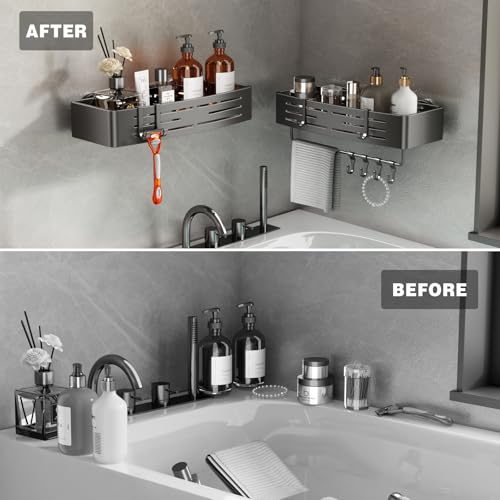 Voldra Shower Caddy Suction Cup, 2 Pack Shower Shelves for Inside Shower No Drilling, Aluminum Suction Showers Organizer with Towel Bar & Hooks Removable Bathroom Shelf Storage Rack(Gray) Suction Cup Rectangle-2 Pack