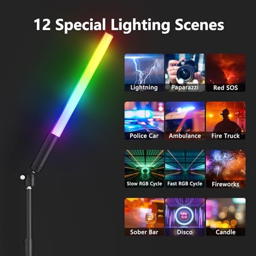 RGB LED Light Wand 360°RGB Handheld Video Light Stick for Studio Photography, Battery Powered Tube Lights, 12 Lighting Effects, 2500-6500K Dimmable Camera Light with LCD
