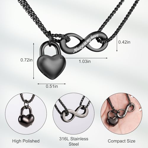 Infinite Heart Urn Necklace for Ashes Cremation Jewelry for Women Ashes Necklace for Human Ashes Memorial Necklace Black-Non-Engraving