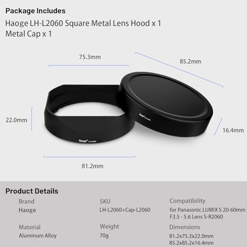 Haoge Square Metal Lens Hood for Panasonic LUMIX S 20-60mm F3.5-5.6 Lens with Metal Cap Kit S-R2060 Bayonet Shades Accessories