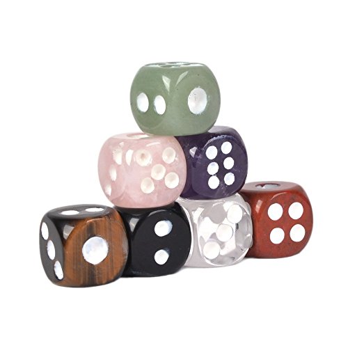 Dice 7 Chakras Colors Natural Gemstone Crystal 15mm Amethyst + Tiger Eye + Obsidian + Clear Quartz + Rose Quartz + Red Jasper + Aventurine (Pack of 7)