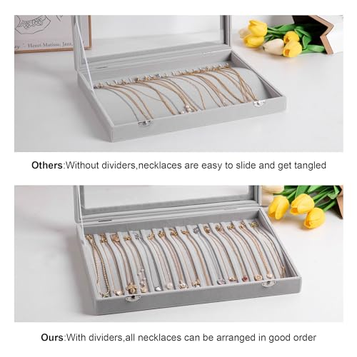 Frebeauty 15 Hooks Necklace Organizer,Velvet Necklace Holder Tray with Lid Grey