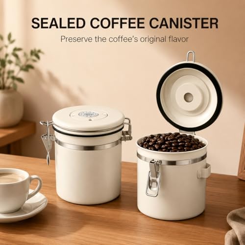 MEGAWISE EGAWISE Coffee Canister, 1.5L Airtight Stainless Steel Coffee Container with CO2 Valve, Date Tracker, Locking Lid, 304 Inner Bowl for Coffee Beans, Grounds, Tea, Sugar, Cream White 1.5 liters