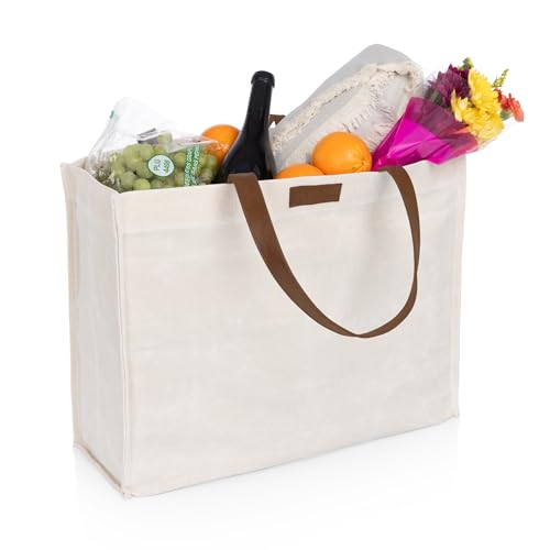 PICNIC TIME beige waxed canvas tote with leatherette handles, reusable grocery bag for shopping and carrying essentials.