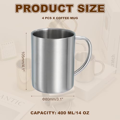 uxcell 4Pcs Metal Coffee Mugs, 14 Ounces Metal Double Walled Mugs with Handles (Silver) 4