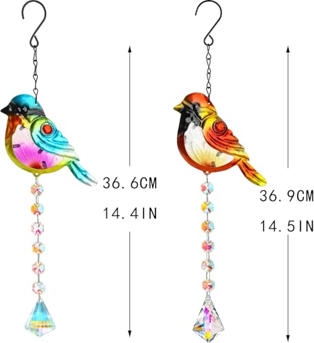 Stained Glass Bird Suncatchers with Crystal Prisms, Rainbow Light Effect Window Hanging Ornament for Christmas Tree, 21.2 Inch Length, Set of 2