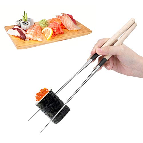 Sushi Chopsticks, Stainless Steel Japanese Chopsticks with Wood Handle, 12in Long, for Hotpot Noodles, Chef's Plating Tools, Reusable Moribashi Chopsticks L