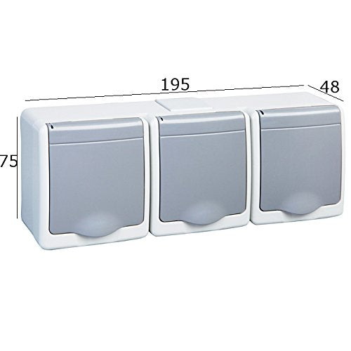 3-way surface-mounted socket IP44 16A/250V Schuko surface-mounted for damp rooms socket grey