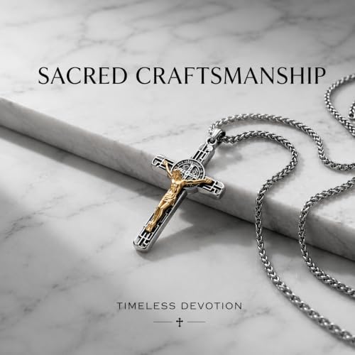 St Benedict Crucifix Necklace Stainless Steel Gold Tone Catholic Gift