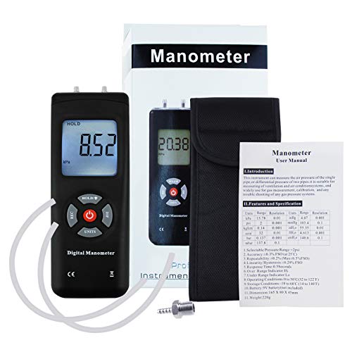 Professional Digital Manometer, Portable Handheld Air Vacuum/ Gas Pressure Gauge Meter 11 Units with Backlight, ±13.78kPa ±2PSI, Suitable for Differential Pressure of 1-2 Pipes, Ventilation,etc 11 units of measurement