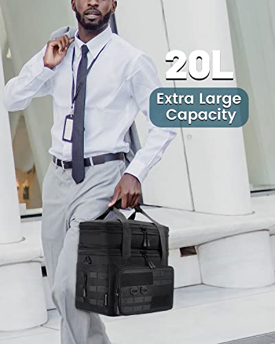RalChyez Tactical Lunch Box, 20L Large Heavy Duty Double Deck Insulated Lunch Bag Leakproof Expandable Tote Cooler with Shoulder Strap for Adult Men Women Work Fishing Picnic Travel Black A-Black