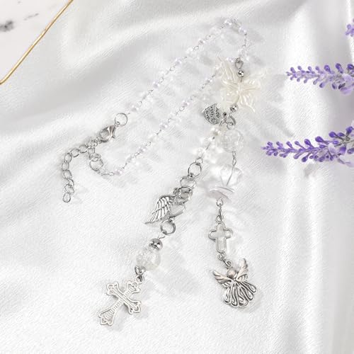 Angel Cross Rearview Mirror Charm Crystal Angel Wing Hanging Chain Angel Cross