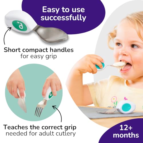 doddl Toddler Utensils, Ergonomic Fork Spoon and Knife Set for Self Feeding, Stainless Steel Silverware for 1-3 Year Olds, BPA Free, Dishwasher Safe (Aqua) Aqua