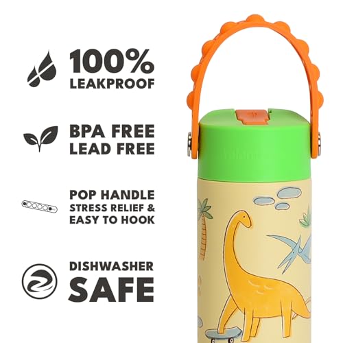 Elemental Core 2Pack Insulated Kids Water Bottle Straw Lid & Pop-It Handle 18 Ounces Dinos & Green Camo