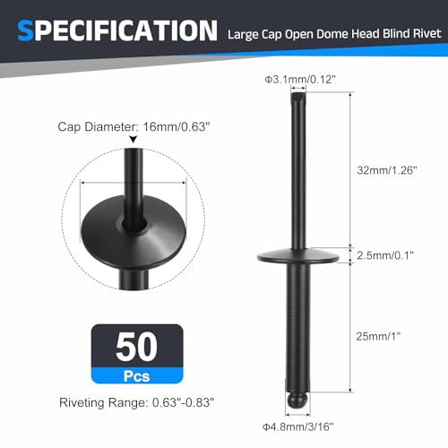 BOLTALIVON 3/16 x 1 inch black carbon steel large flange blind rivets, 50 pieces