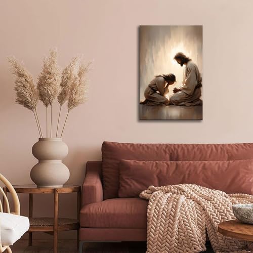 Framed Jesus Comforting Woman Canvas Print Wall Art Religious Canvas Print, Inspirational Christian Picture Spiritual Poster, Home Church Office Living Room Decor Ready to Hang 12x16 Inch Jesus heals 12x16in