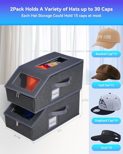 2PCS Stackable Hat Organizer for Baseball Caps, Hat Organizer Holds up to 30 Caps for Closet with Clear Window, Sturdy Frame Hat Storage for Men & Women, Space Saving (Drak Grey) Drak Grey