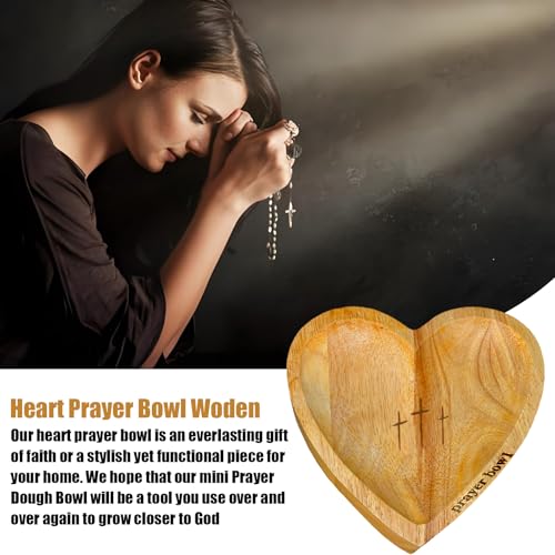 Heart Shaped Prayer Bowl with 24 Cards - Wooden Religious Dough Bowl with Cross for Christian Congregation Gifts Yellow