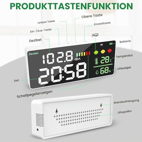 Sound Level Meter Decibel Meter LED Screen Brightness Adjustment 30-130dBA Range 4-in-1 Noise, Time, Temperature and Humidity, Suitable for Home, Office, etc gr-165a