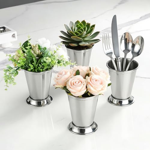 Mint Julep Cups: Set of 4, Metal 12 oz Cocktail Glasses, Stainless Steel Glasses, Party Supplies (4)