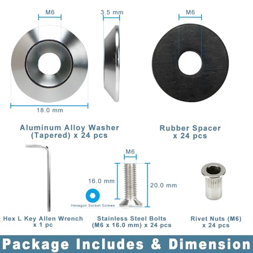 Rolling Gears M6 silver anodized aluminum rivet washer fender flare hardware kit, 24 pieces
